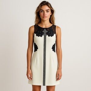 Pearl by Georgina Chapman Lace Sheath Dress Size 14 Ivory Black Cocktail